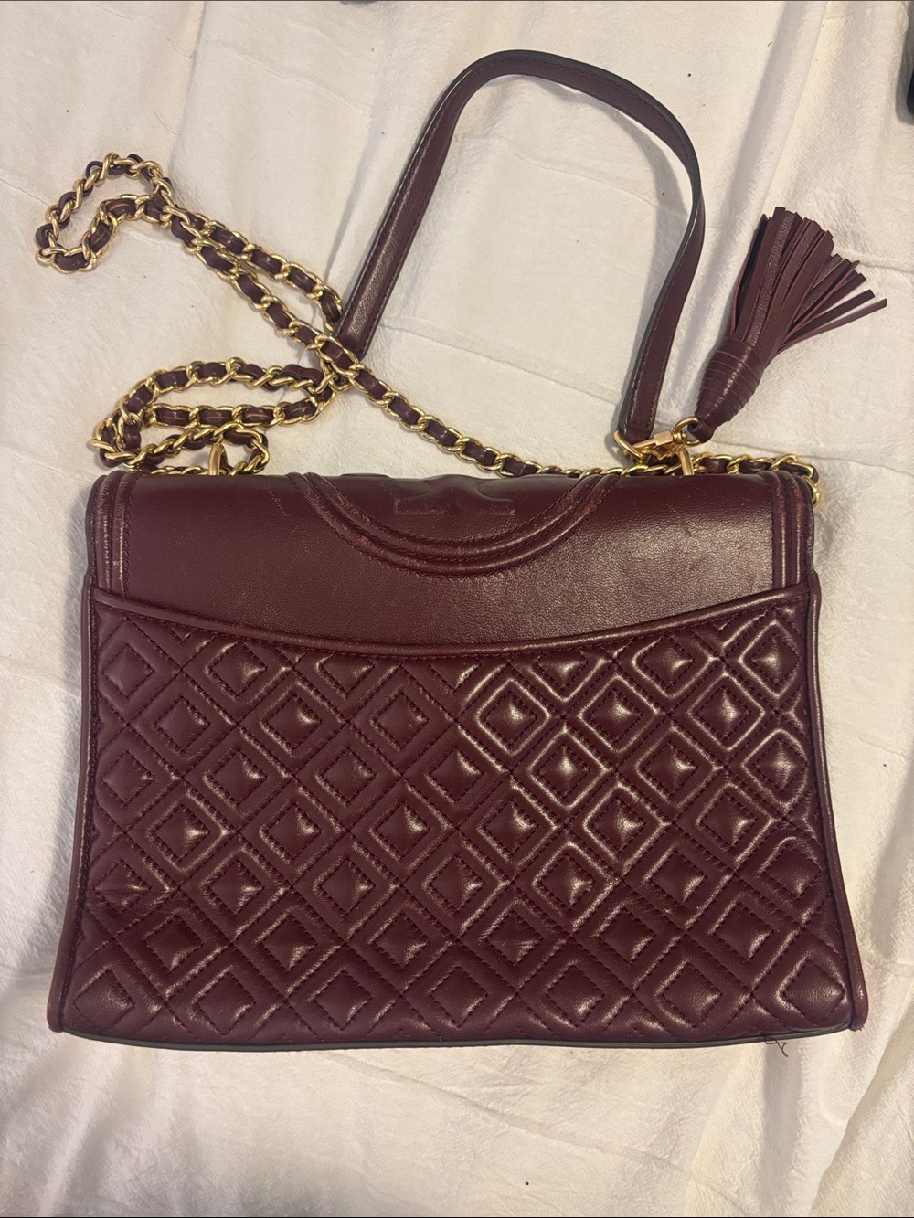 Tory Burch Burgundy “Kira” Quilted Leather Chain Crossbody - Picture 2 of 10